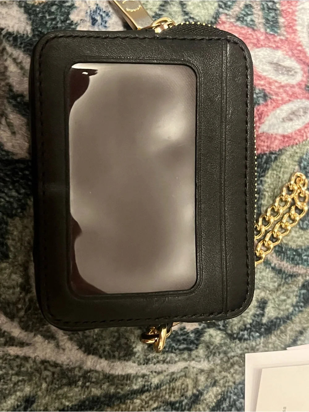 Coach Black Quilted Leather Card Holder with Gold Chain